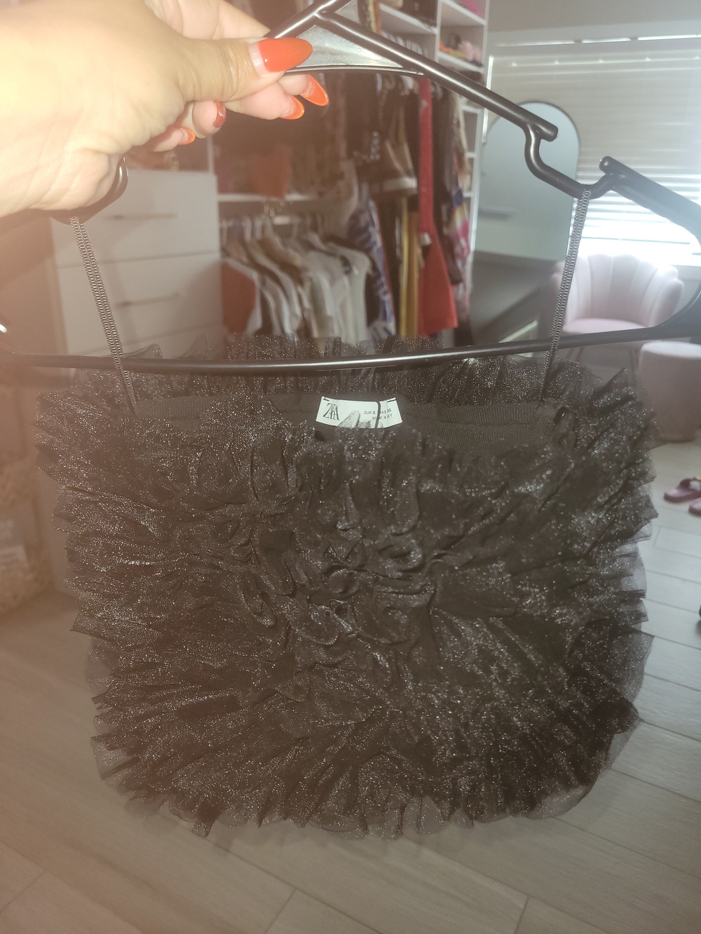 Zara Black Tulle Ruffle Strap Top
